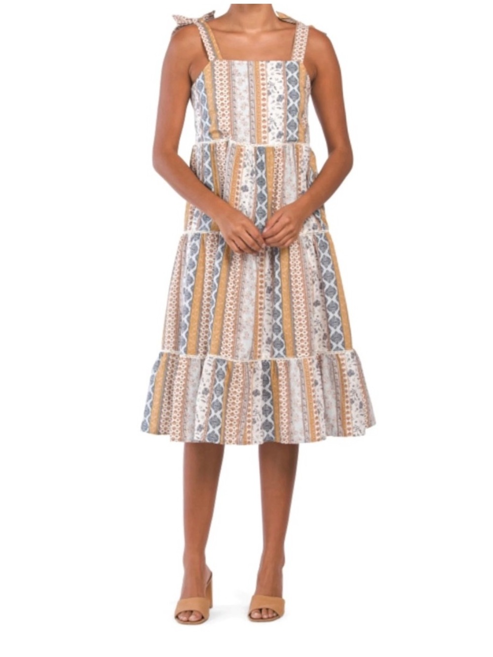 🌻Lucky Brand Floral Stripe Smocked Tiered Midi Dress Tie Strap Boho Womens XL